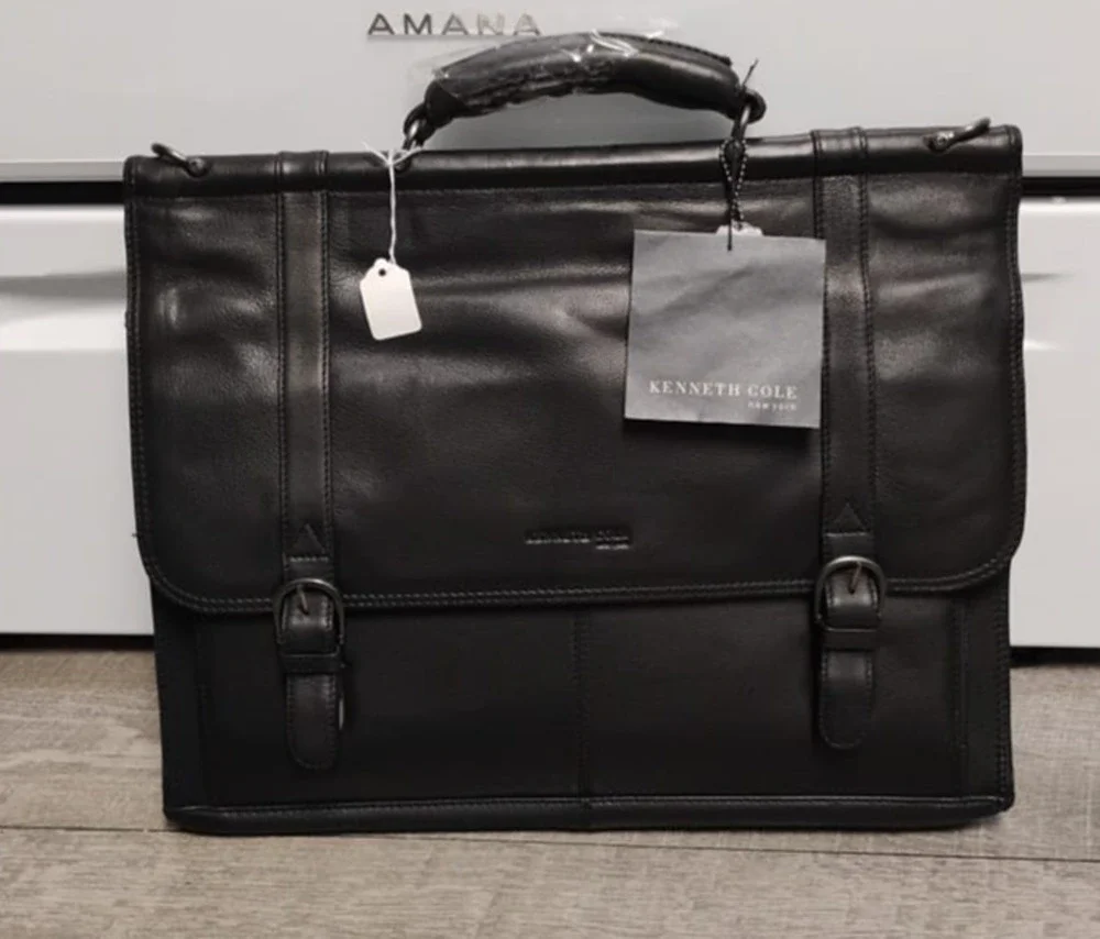 Kenneth Cole New York Black Leather Laptop Brief Case 15x17x6 Multi Sections